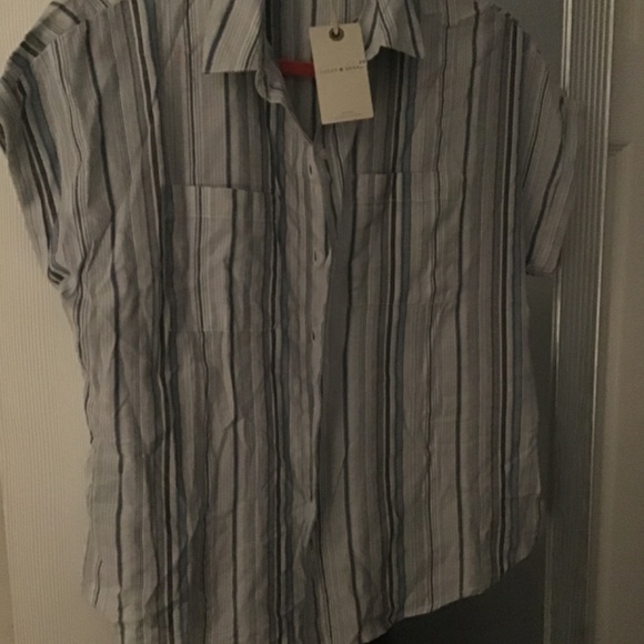 NWT Lucky Brand short sleeve blouse small blue, white & gray stripe - Picture 2 of 2